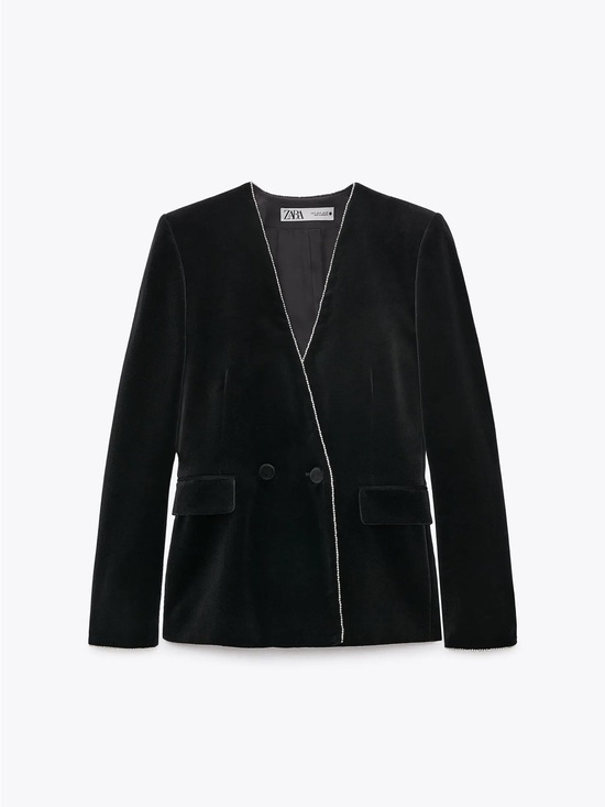Zara Jackets & Blazers - NWT Zara Black Velvet Blazer with Silver rhinestone Piping size Large